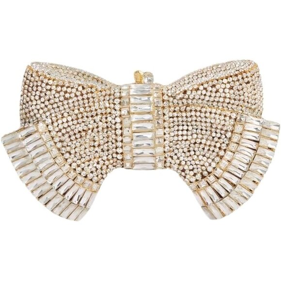 NWT Sparkling Bling Crystal Rhinestone Bow Clutch Purse Pink Gold Silver…